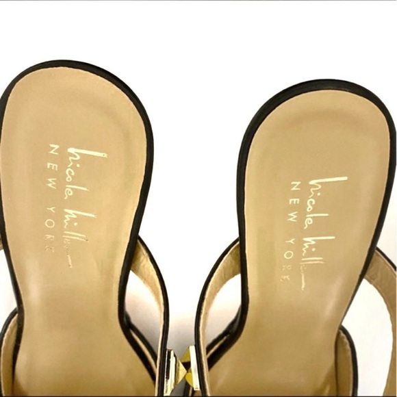 NICOLE MILLER Selty Black Gold Strap Studded Pointy Toe Heels Pumps - Picture 8 of 13